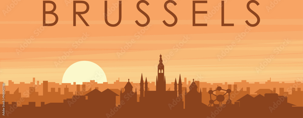 Brown panoramic poster of the city skyline with misty background buildings, sunrise, clouds and mountains of BRUSSELS, BELGIUM Brown panoramic poster of the city skyline with misty background buildings, sunrise, clouds and mountains of BRUSSELS, BELGIUM