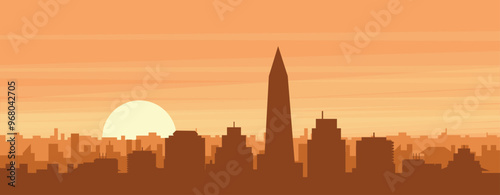 Brown panoramic poster of the city skyline with misty background buildings, sunrise, clouds and mountains of BUENOS AIRES, ARGENTINA