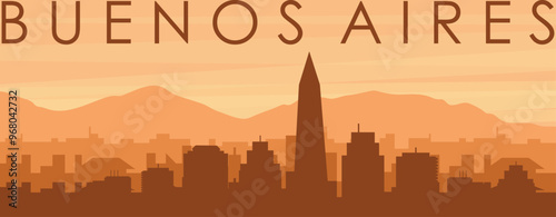 Brown panoramic poster of the city skyline with misty background buildings, sunrise, clouds and mountains of BUENOS AIRES, ARGENTINA