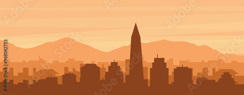 Brown panoramic poster of the city skyline with misty background buildings, sunrise, clouds and mountains of BUENOS AIRES, ARGENTINA