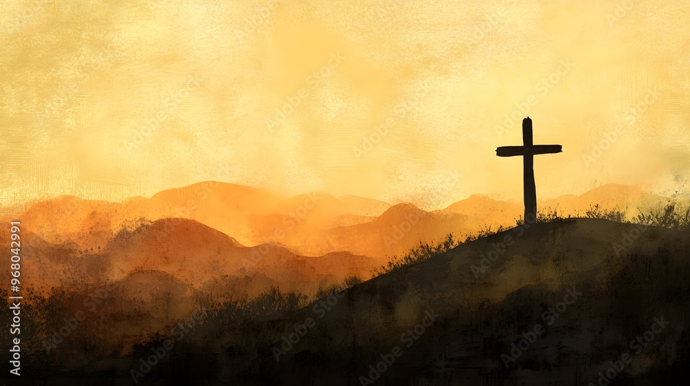 A digital painting of an Easter scene with the silhouette of crosses on top of small hills, against a backdrop of golden and pink sky, symbolizing Jesus' triumph over death A digital painting of an Easter scene with the silhouette of crosses on top of small hills, against a backdrop of golden and pink sky, symbolizing Jesus' triumph over death