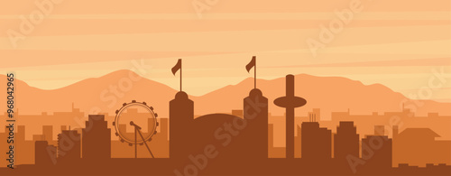 Brown panoramic poster of the city skyline with misty background buildings, sunrise, clouds and mountains of BRIGHTON, UNITED KINGDOM