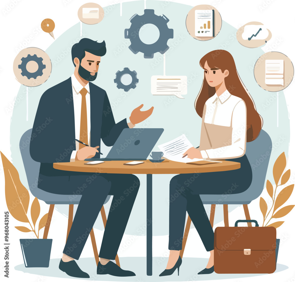 Partners meeting for business discussion with documents and laptop on desk. Couple at round table, speaking, discussing work, partnership. Flat vector illustration isolated on white background