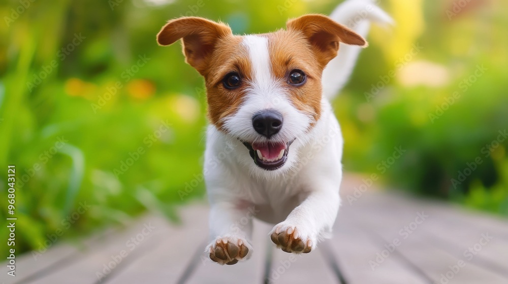 A small dog running on a wooden walkway with green grass in the background, AI A small dog running on a wooden walkway with green grass in the background, AI
