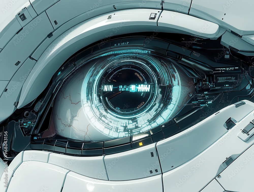 Close-up of a futuristic robotic eye with glowing blue iris.