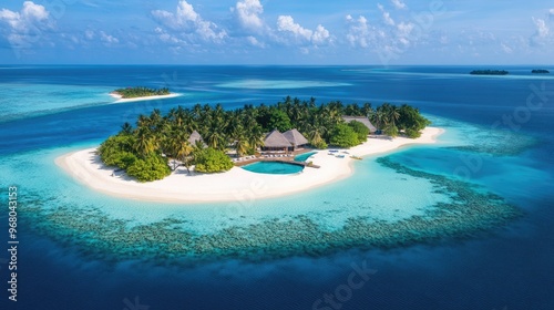 A tropical island with white sandy beaches, palm trees, and a crystal-clear blue lagoon under a cloudless sky