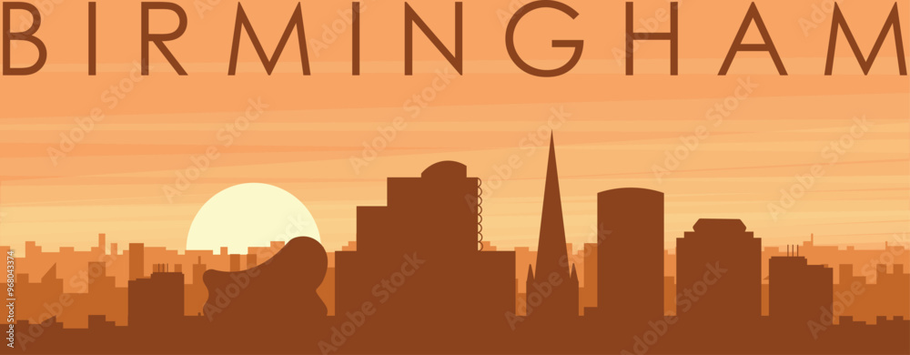 Brown panoramic poster of the city skyline with misty background buildings, sunrise, clouds and mountains of BIRMINGHAM, UNITED KINGDOM Brown panoramic poster of the city skyline with misty background buildings, sunrise, clouds and mountains of BIRMINGHAM, UNITED KINGDOM