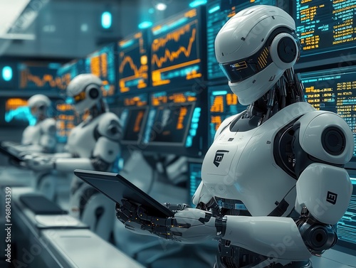 Humanoid robots working in a futuristic data center.