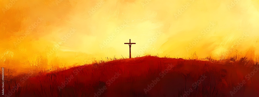 Obraz premium A digital painting of an Easter scene with the silhouette of crosses on top of small hills, against a backdrop of golden and pink sky, symbolizing Jesus' triumph over death
