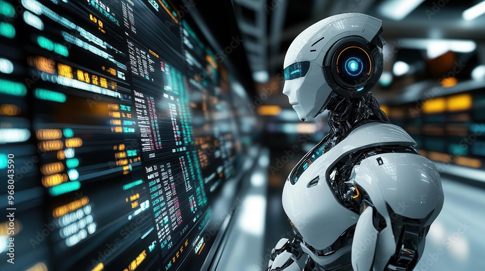 A humanoid robot stands before a large screen displaying data and code. A humanoid robot stands before a large screen displaying data and code.