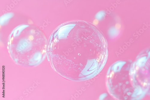 milky soap bubbles on pastel pink background with bokeh, hygiene topic backdrop with copy space, products for babies and child birth