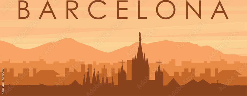 Brown panoramic poster of the city skyline with misty background buildings, sunrise, clouds and mountains of BARCELONA, SPAIN