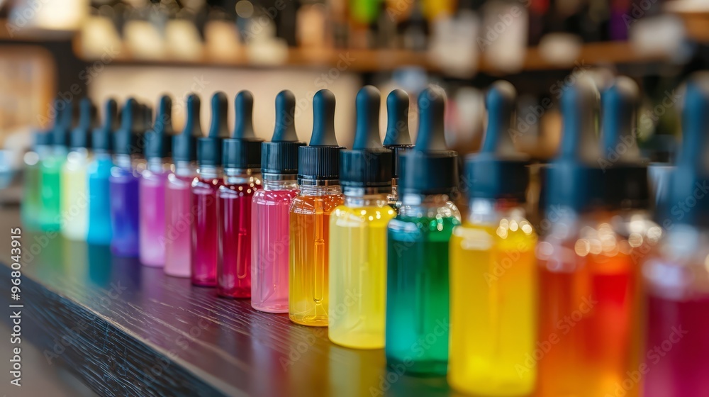 Colorful Dropper Bottles on Black Countertop Colorful Dropper Bottles on Black Countertop