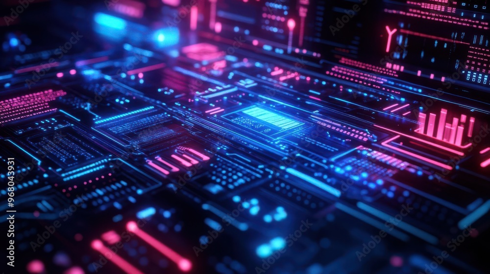 Abstract futuristic circuit board with glowing blue and pink lights.