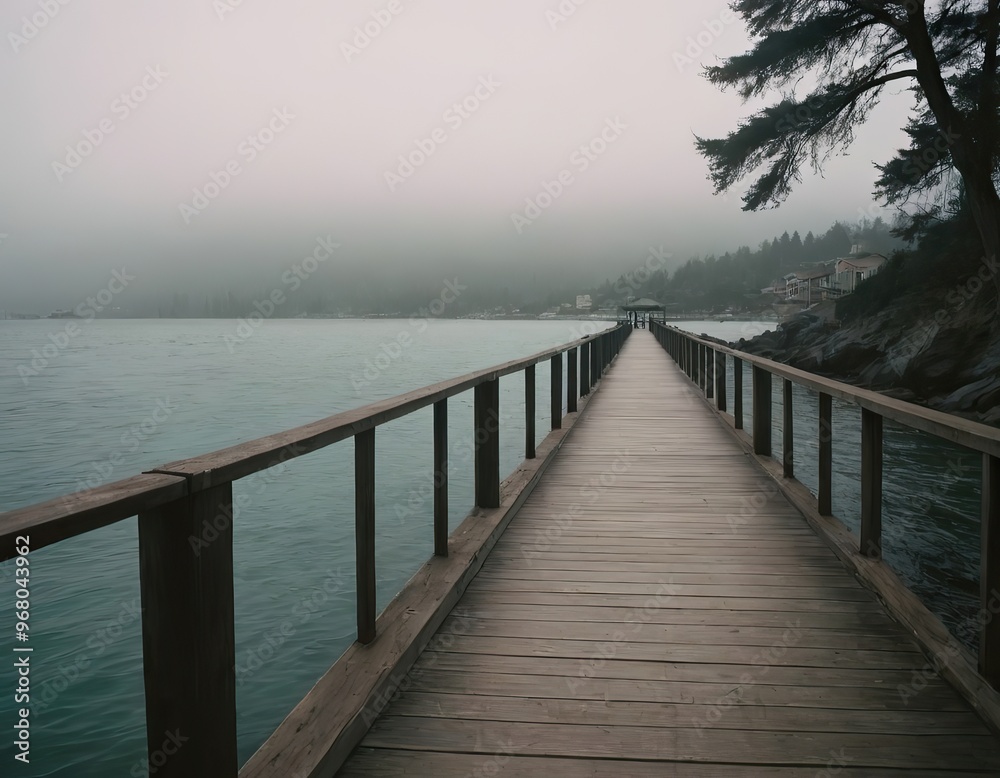 A Beautiful Serene Lake View Featuring a Wooden Pier Set Within a Misty Landscape Scene A Beautiful Serene Lake View Featuring a Wooden Pier Set Within a Misty Landscape Scene