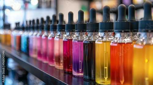 Colorful E Liquid Bottles with Droppers on Shelf