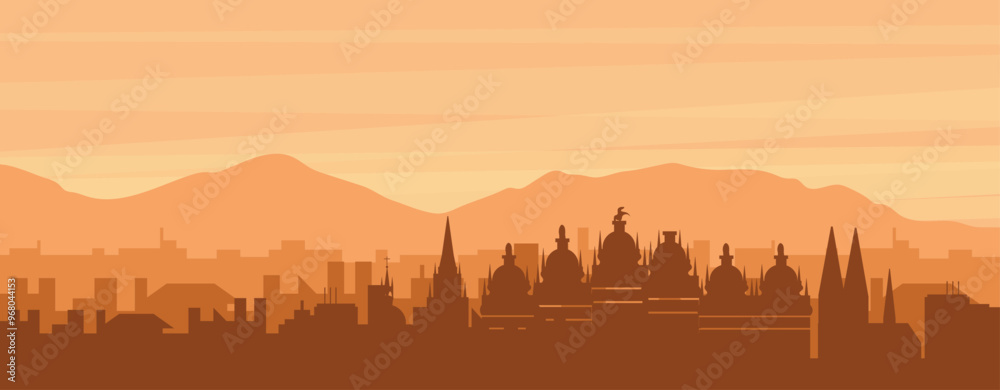 Naklejka premium Brown panoramic poster of the city skyline with misty background buildings, sunrise, clouds and mountains of ANTWERP, BELGIUM