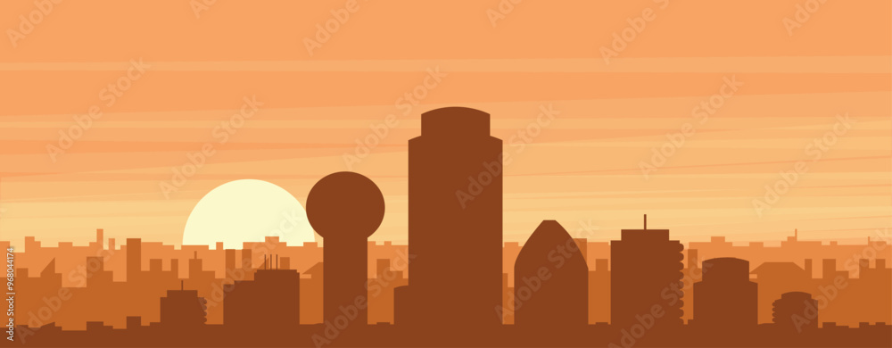 Brown panoramic poster of the city skyline with misty background buildings, sunrise, clouds and mountains of DALLAS, UNITED STATES