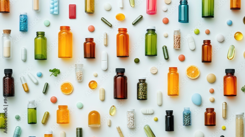 An array of colorful vitamins and supplements in different shapes, sizes, and bottles against a white background