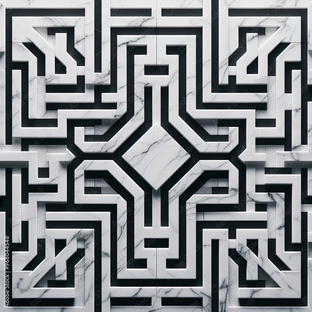 3d rendering of arabic pattern with white marble and black elements 3d rendering of arabic pattern with white marble and black elements
