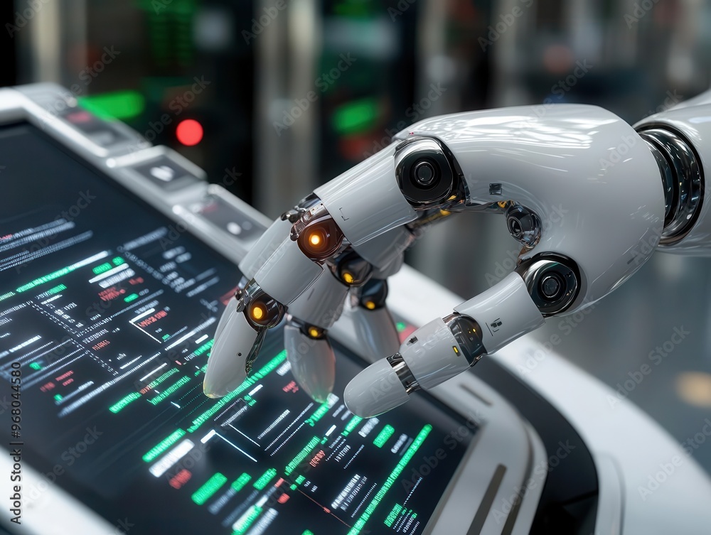 Robotic hand interacting with a digital interface. Robotic hand interacting with a digital interface.
