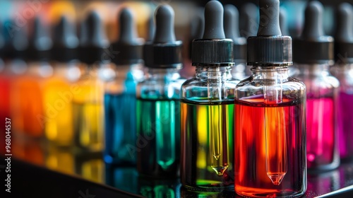 Colorful Dropper Bottles with Liquid on Black Surface