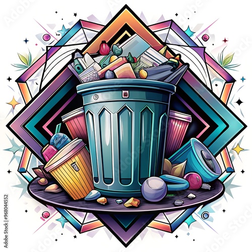 Artistic trash bin illustration filled with colorful waste and geometric background design photo