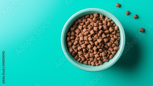 Dry dietary food for cats and dogs in a bowl isolated on solid color background. Healthy pet nutrition and feeding routines.