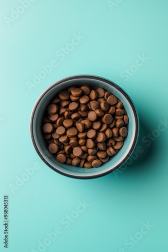 Dry dietary food for cats and dogs in a bowl isolated on solid color background. Healthy pet nutrition and feeding routines.