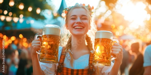 Oktoberfest. Beautiful young woman in traditional dress holding two beer mugs at a German-themed festival, laughing and enjoying the party on the street with a blurred crowd background