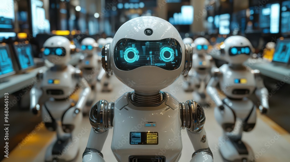 A group of white robots with blue eyes stand in a line, looking forward. A group of white robots with blue eyes stand in a line, looking forward.