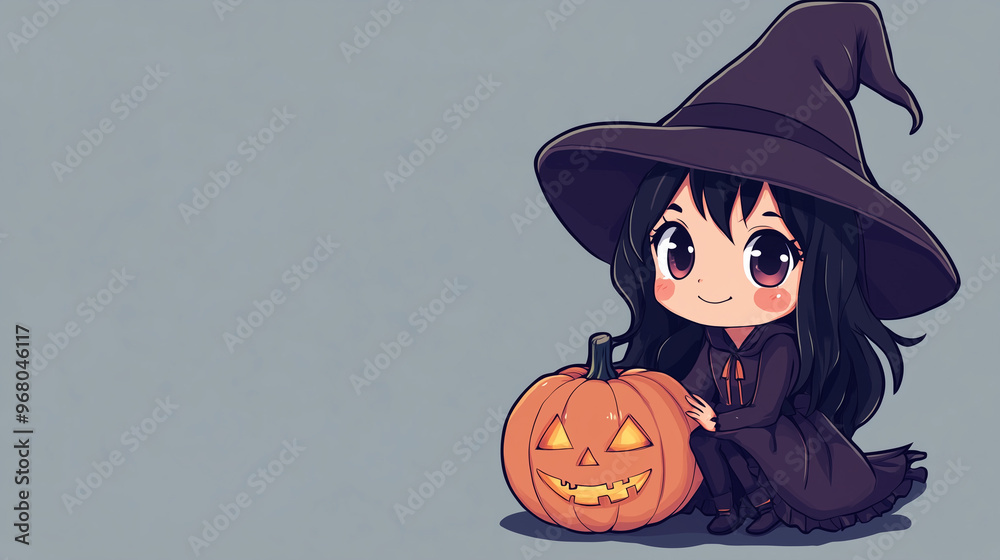 Fototapeta premium Cute Little Cartoon Chibi Witch Holding a Halloween Pumpkin, Adorable and Playful Festive Design