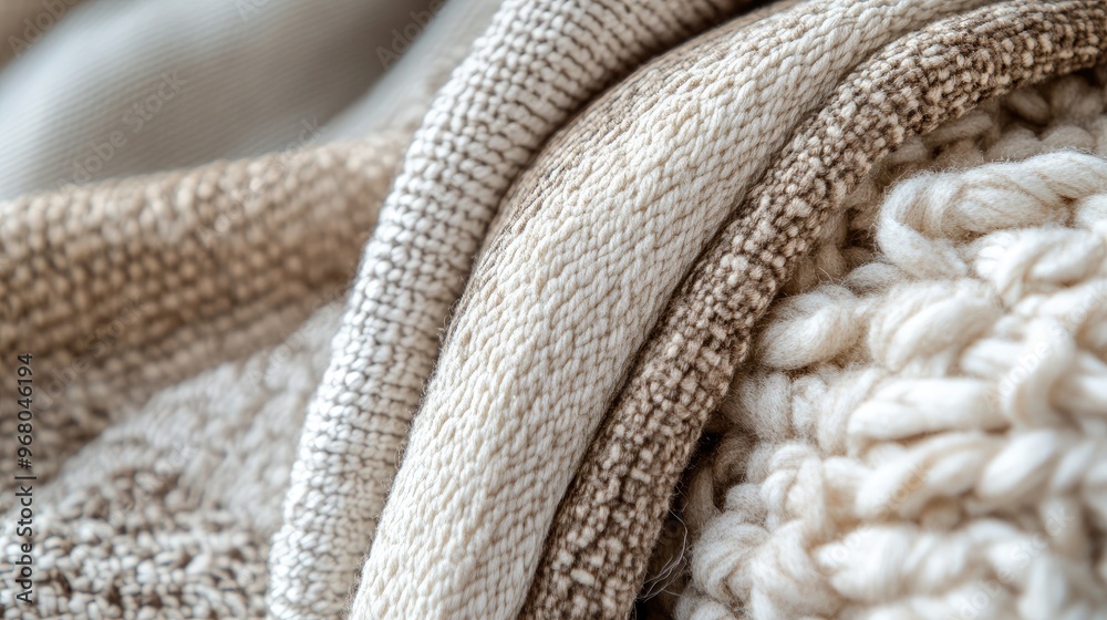 Close-up of natural woven fabric textures, showcasing intricate patterns and threads in neutral earthy tones Close-up of natural woven fabric textures, showcasing intricate patterns and threads in neutral earthy tones