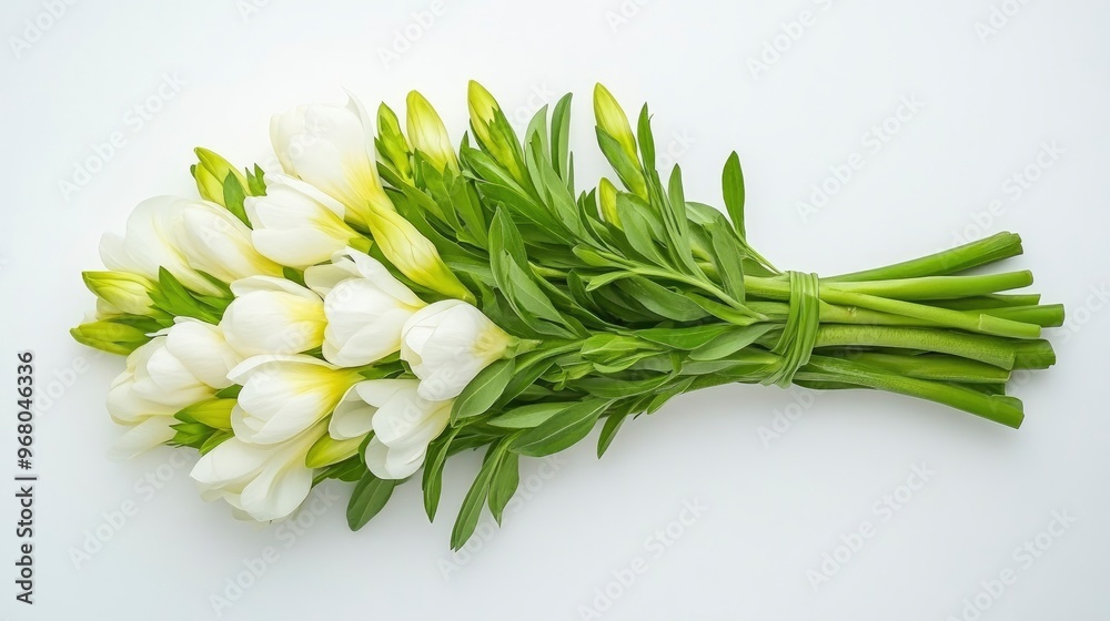 White Freesia Bouquet with Green Stems on White Background White Freesia Bouquet with Green Stems on White Background