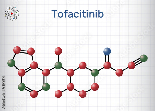 Tofacitinib drug molecule. It is used to treat rheumatic arthritis RA, psoriatic arthritis PsA. Sheet of paper in a cage. Vector