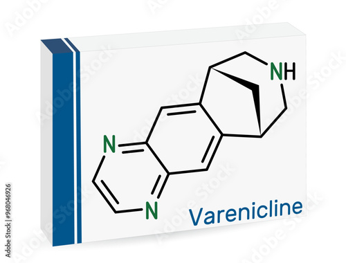 Varenicline molecule, a medication used for smoking cessation Skeletal chemical formula. Paper packaging for drugs