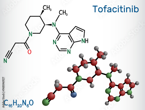 Tofacitinib drug molecule. It is used to treat rheumatic arthritis RA, psoriatic arthritis PsA. Structural chemical formula, molecule model. Vector