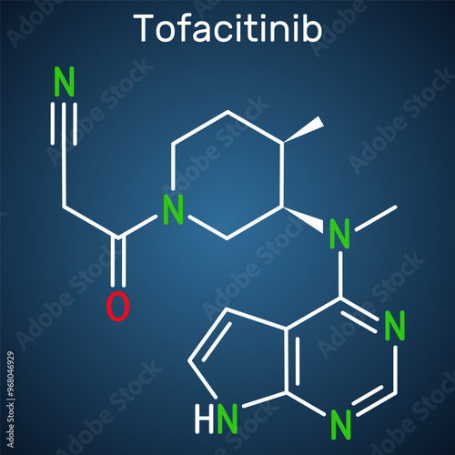 Tofacitinib drug molecule. It is used to treat rheumatic arthritis RA, psoriatic arthritis PsA. Structural chemical formula, dark blue background. Vector