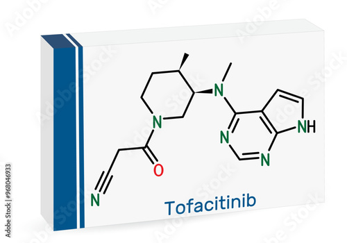 Tofacitinib drug molecule. It is used to treat rheumatic arthritis RA, psoriatic arthritis PsA. Skeletal chemical formula. Paper packaging for drugs. Vector