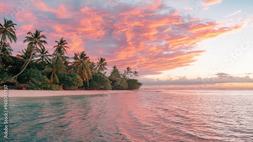 A wide-angle view of a tropical beach with a clear horizon where the sky meets the sea.