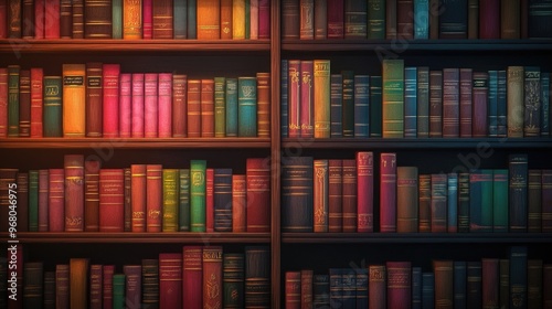 Horizontal rows of colorful books on wooden shelves in a cozy library, with warm lighting and a peaceful atmosphere