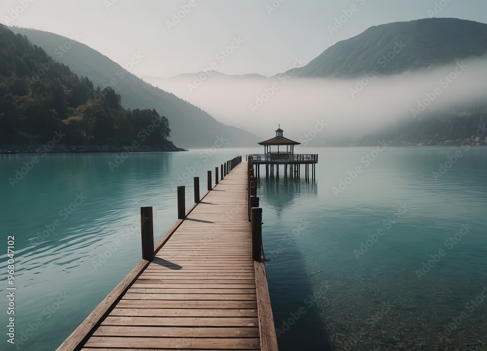 A Beautiful Serene Lake View Featuring a Wooden Pier Set Within a Misty Landscape Scene