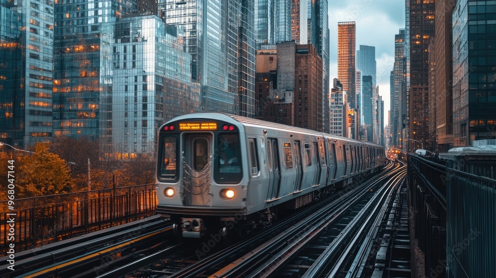 Naklejka premium Horizontal view of a commuter train passing through a cityscape, with tall buildings and reflections on windows c