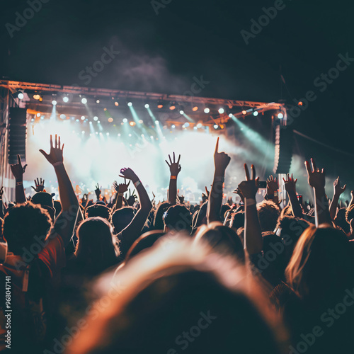 Crowd of people with raised arms having fun at music photo