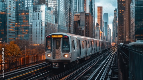 Horizontal view of a commuter train passing through a cityscape, with tall buildings and reflections on windows c