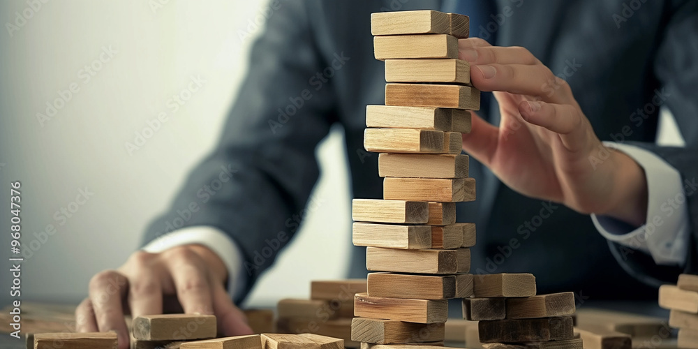 Businessman pulling wood block tower collapse, alert for risky choice.
Businessman pulling wood block tower collapse, alert for risky choice.