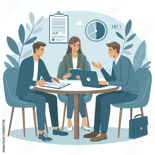 Partners meeting for business discussion with documents and laptop on desk. Couple at round table, speaking, discussing work, partnership. Flat vector illustration isolated on white background