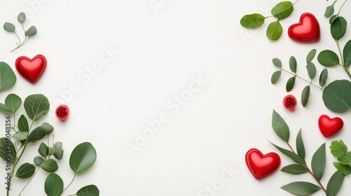 Red Hearts and Green Leaves on a White Background