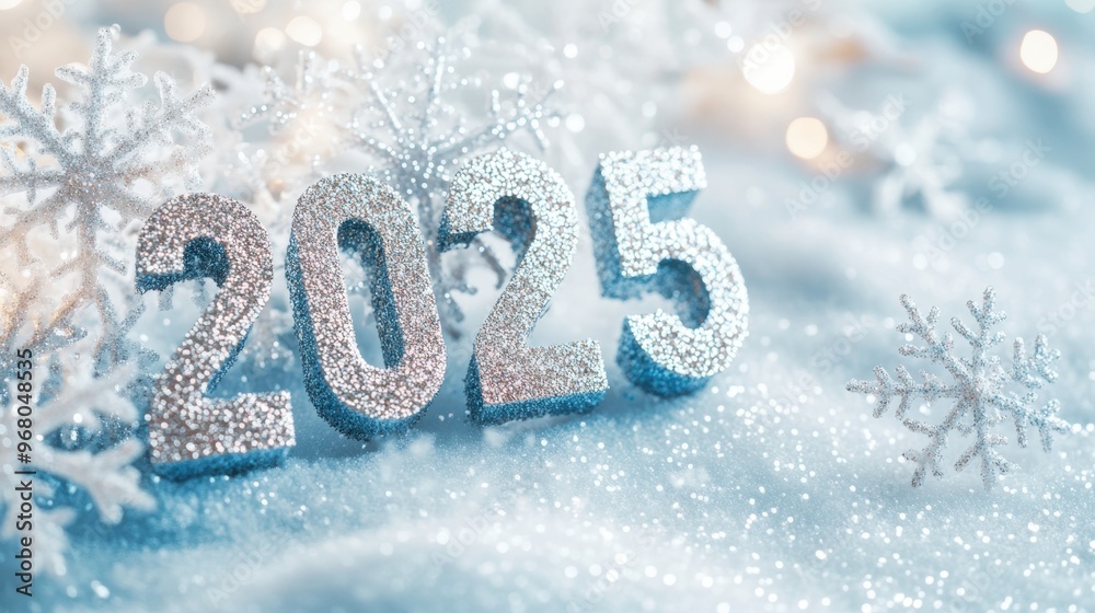 Sparkling 2025 in Snow with Glittery Snowflakes and Soft Lights Sparkling 2025 in Snow with Glittery Snowflakes and Soft Lights