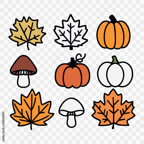 Set of autumn leaves, mushrooms and pumpkins